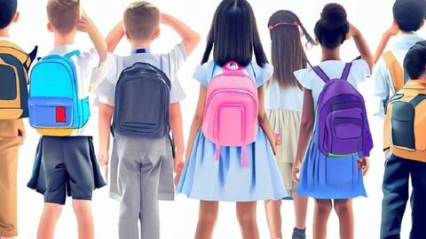 Schulkinder von hinten zu sehen auf weißem Untergrund