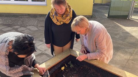 Teilnehmerinnen und Teilnehmer des Basisworkshops im Garten bei der Erstellung eines Bilderbuchs. Hier am Hochbeet.