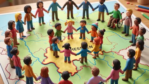 Erwachsene Personen stehen in einem Kreis, sich an den Händen haltend, um einen Kreis von Kindern, die sich an den Händen halten. Die Kinder stehen auf den Umrissen der Ländergrenzen des Landes Hessen. Alle Personen tragen bunte Kleidung, unter den Personen sind Rollstuhlfahrer.
